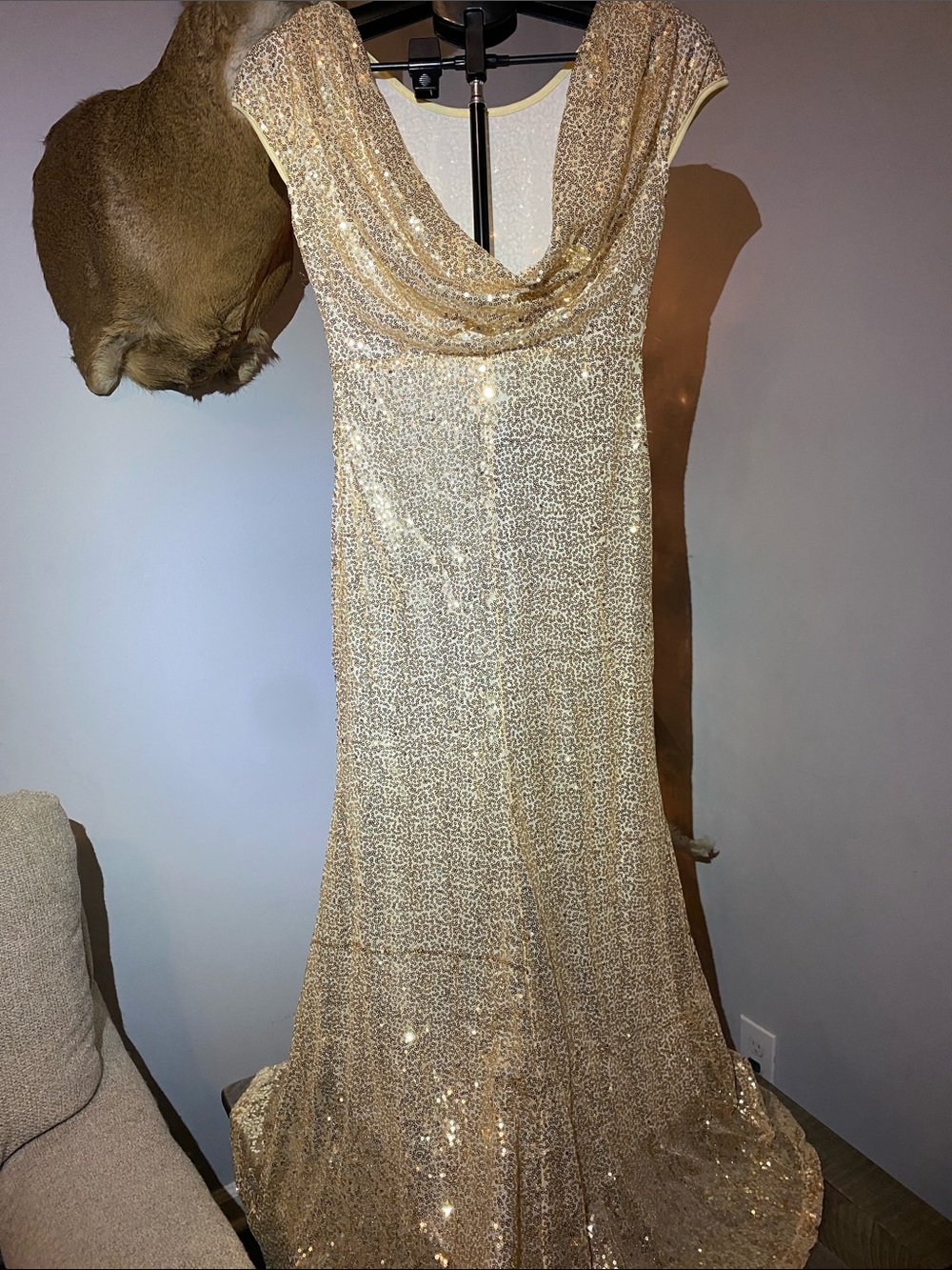 Gold Sequin Evening Gown with Cowl Neck